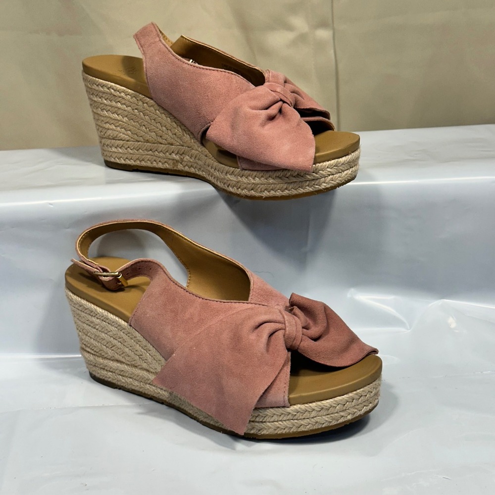 UGG Trina Wedge Sandals Womens Pink Suede Bow Espadrille‎ Slingback Size 7.5